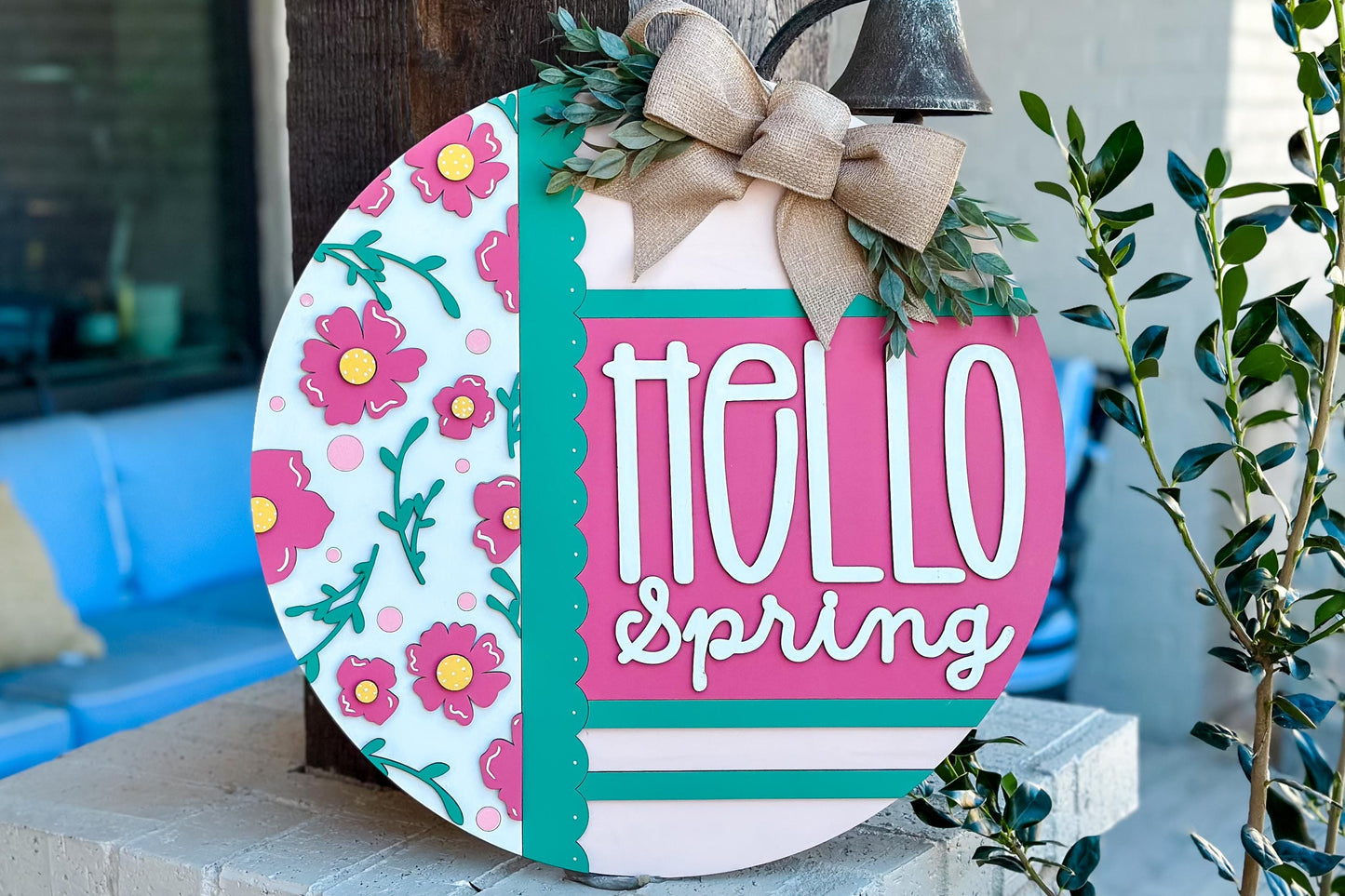 Hello Spring Door Hanger SVG, Round Laser Cut File for Glowforge, Floral Welcome Sign, Customizable Farmhouse Spring Decor