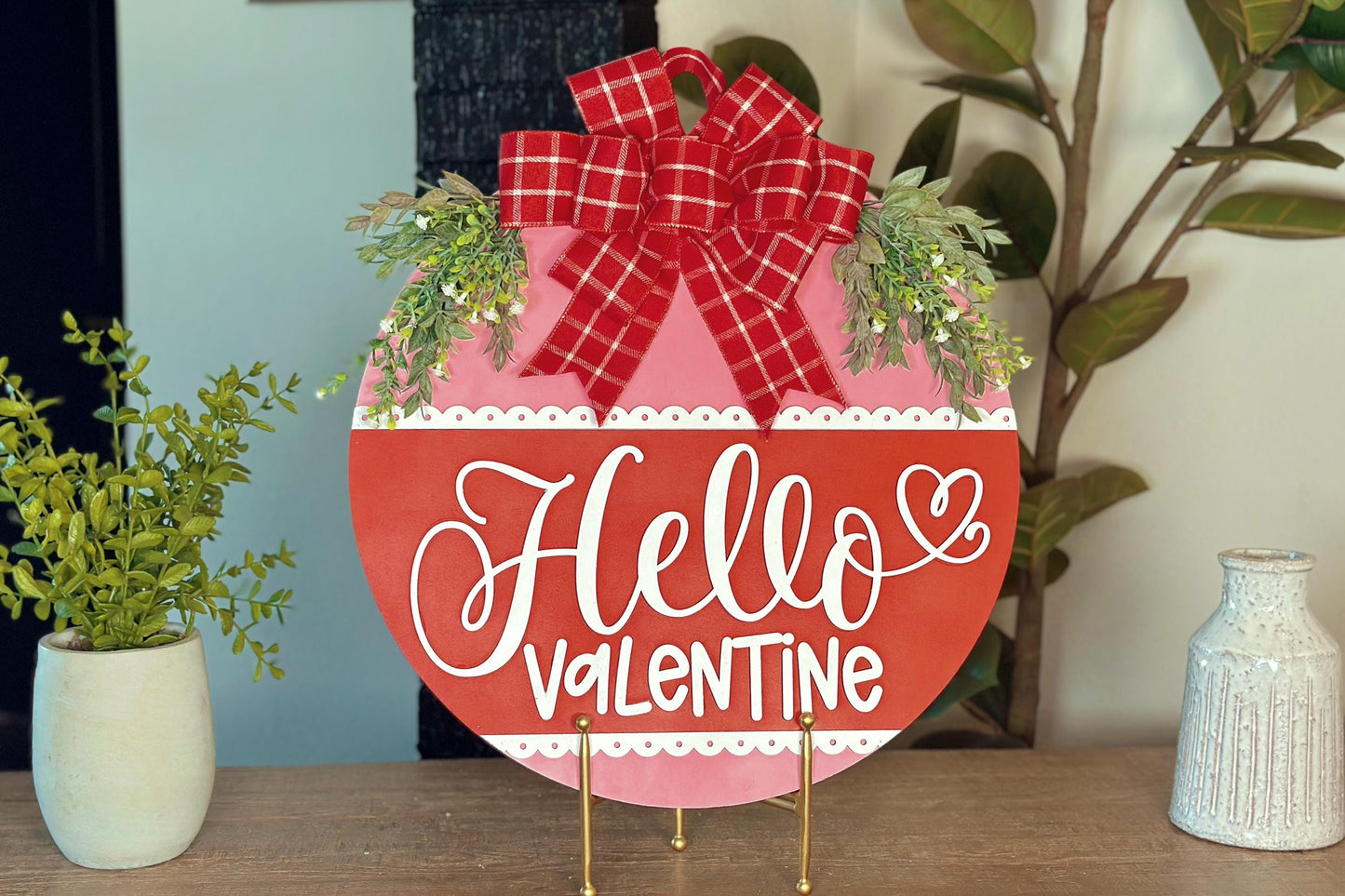 Hello Valentine Door Hanger SVG | Valentine’s Day Round Door Sign Laser Cut File | Romantic Home Decor Glowforge SVG