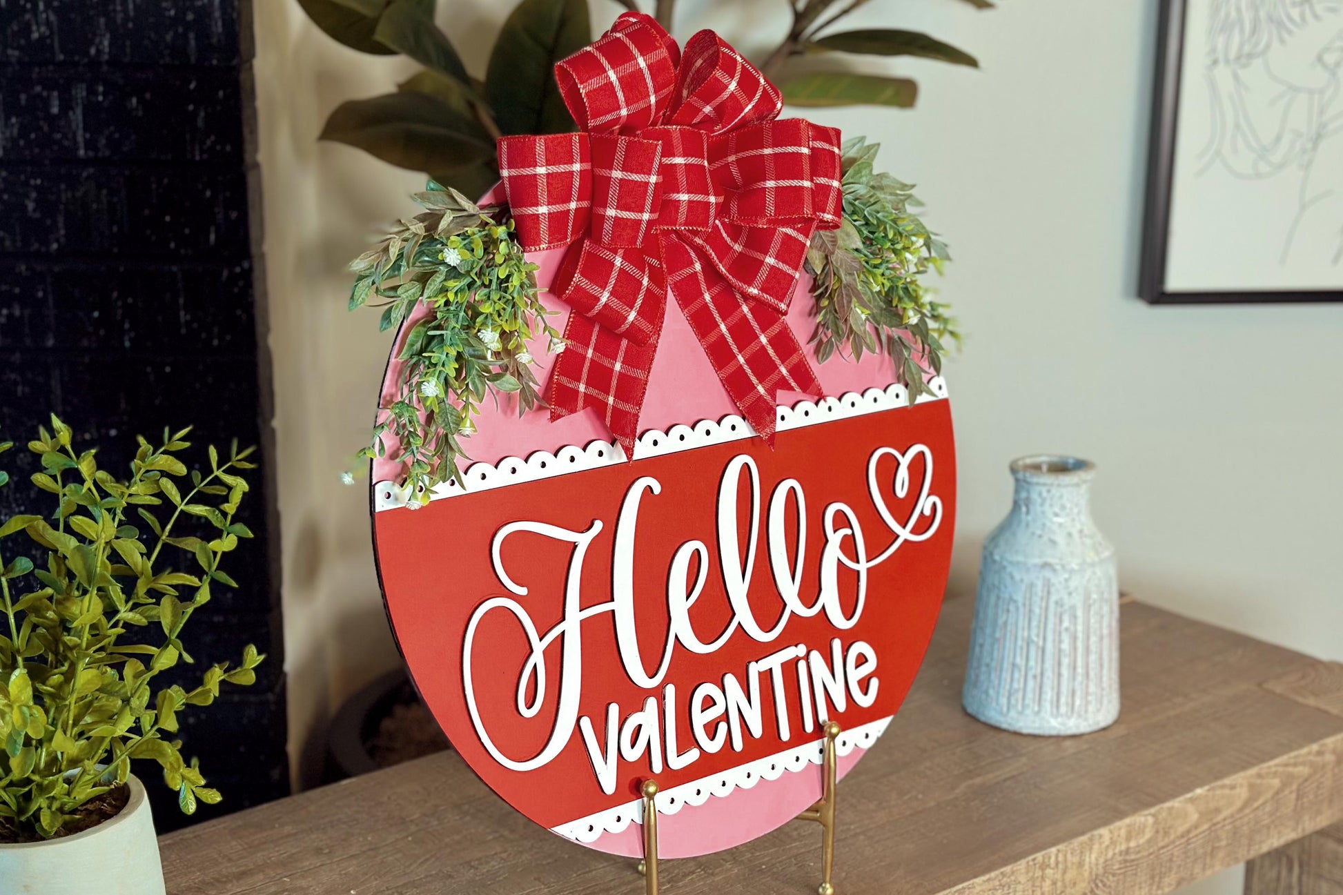 Hello Valentine Door Hanger SVG | Valentine’s Day Round Door Sign Laser Cut File | Romantic Home Decor Glowforge SVG