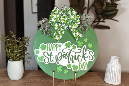 Happy St. Patrick’s Day Laser Cut File SVG – Shamrock Door Hanger Sign Template, Round St. Patrick’s Day SVG for Glowforge, DIY Laser File