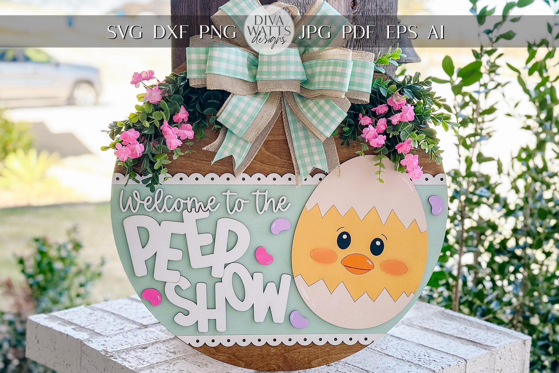 Welcome to the Peep Show Easter Door Hanger SVG – Cute Chick Round Sign Laser Cut File, Spring Home Decor Template, Glowforge & Xtool svg