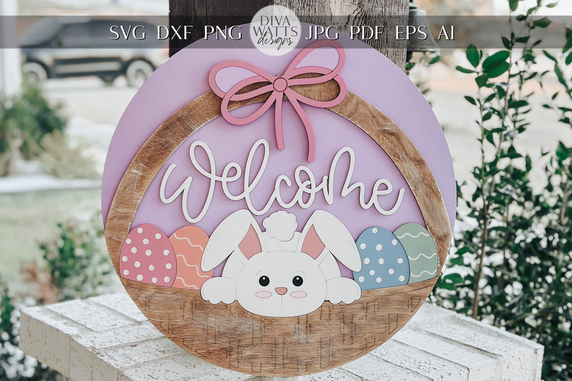 Welcome Bunny Easter Basket Door Hanger SVG – Layered Round Laser Cut File for DIY Spring Decor, Glowforge & Xtool Sign svg