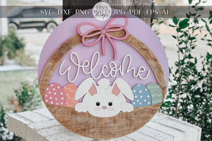 Welcome Bunny Easter Basket Door Hanger SVG – Layered Round Laser Cut File for DIY Spring Decor, Glowforge & Xtool Sign svg