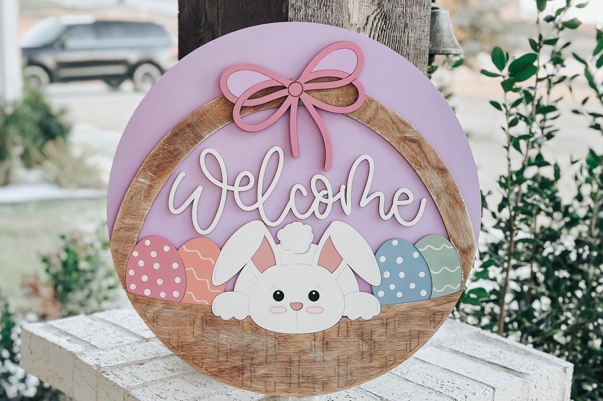 Welcome Bunny Easter Basket Door Hanger SVG – Layered Round Laser Cut File for DIY Spring Decor, Glowforge & Xtool Sign svg