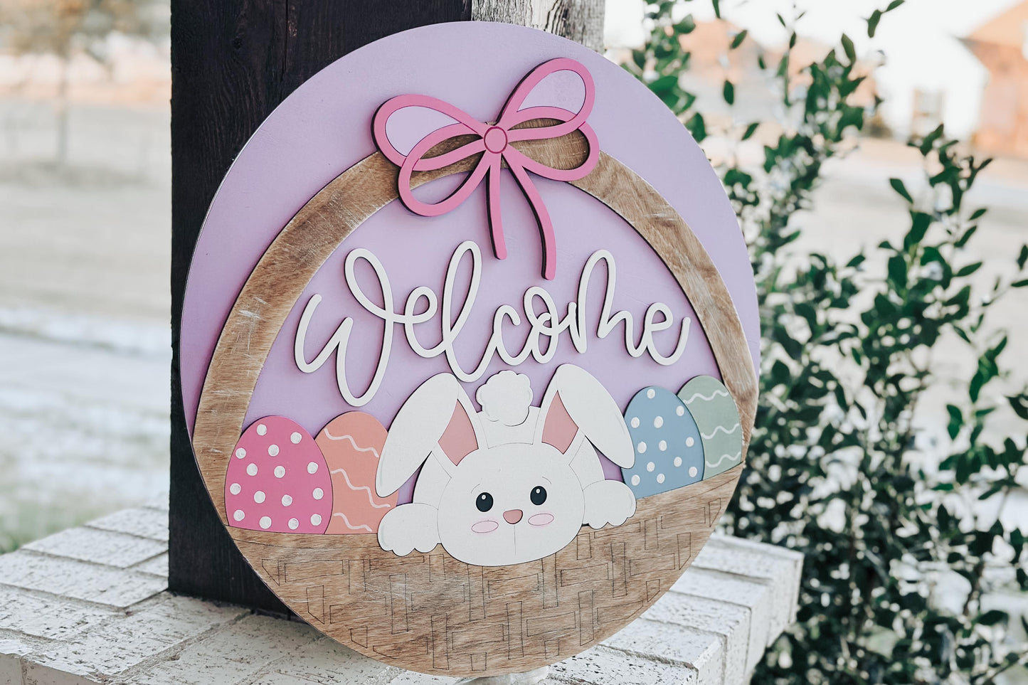 Welcome Bunny Easter Basket Door Hanger SVG – Layered Round Laser Cut File for DIY Spring Decor, Glowforge & Xtool Sign svg