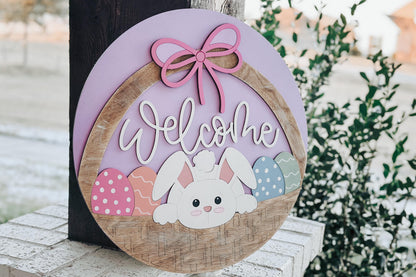 Welcome Bunny Easter Basket Door Hanger SVG – Layered Round Laser Cut File for DIY Spring Decor, Glowforge & Xtool Sign svg