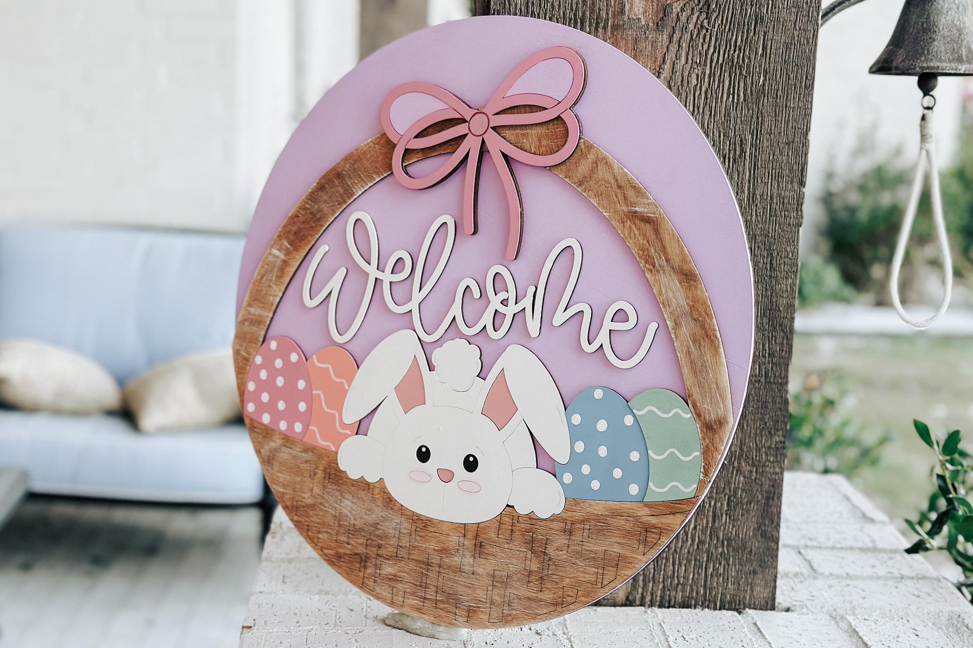Welcome Bunny Easter Basket Door Hanger SVG – Layered Round Laser Cut File for DIY Spring Decor, Glowforge & Xtool Sign svg