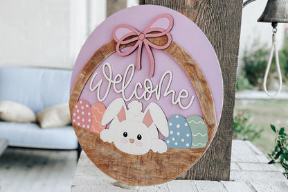 Welcome Bunny Easter Basket Door Hanger SVG – Layered Round Laser Cut File for DIY Spring Decor, Glowforge & Xtool Sign svg