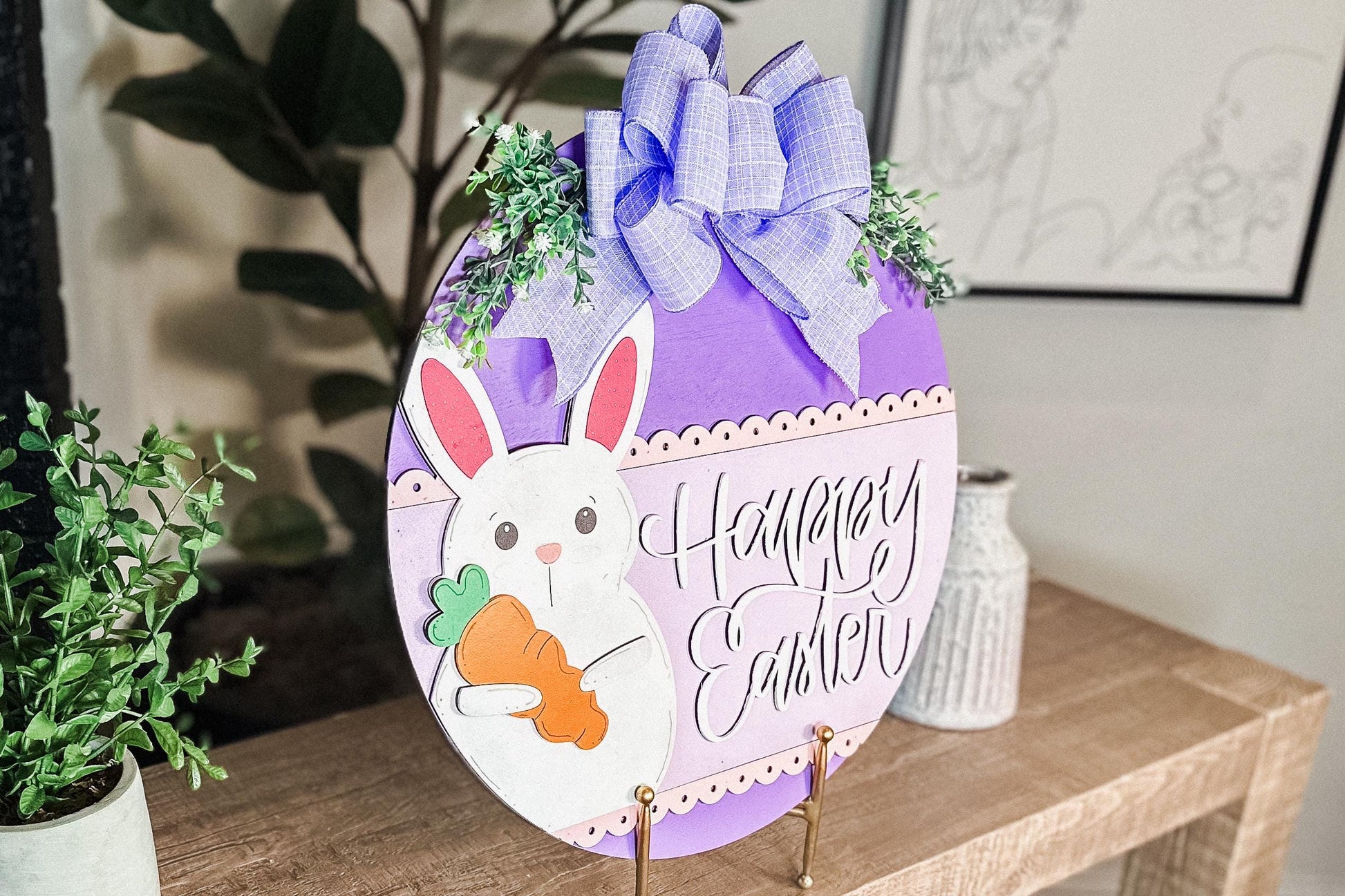 Happy Easter Bunny with Carrot Door Hanger SVG – Layered Round Laser Cut File for Spring Decor, DIY Easter Sign Template, Glowforge & Xtool