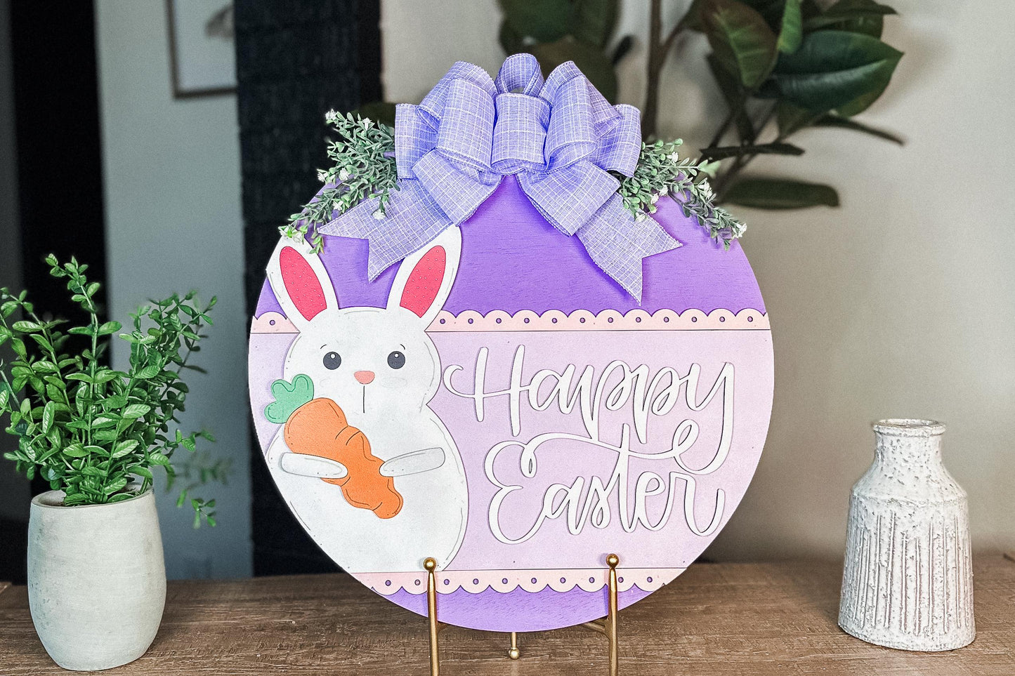 Happy Easter Bunny with Carrot Door Hanger SVG – Layered Round Laser Cut File for Spring Decor, DIY Easter Sign Template, Glowforge & Xtool