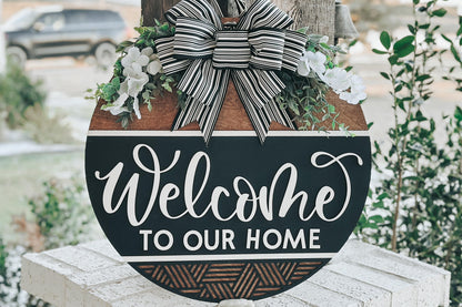 Welcome to Our Home Door Hanger SVG – Round Layered Laser Cut File for DIY Home Decor, Farmhouse Sign Template, Geometric Door Hanger svg