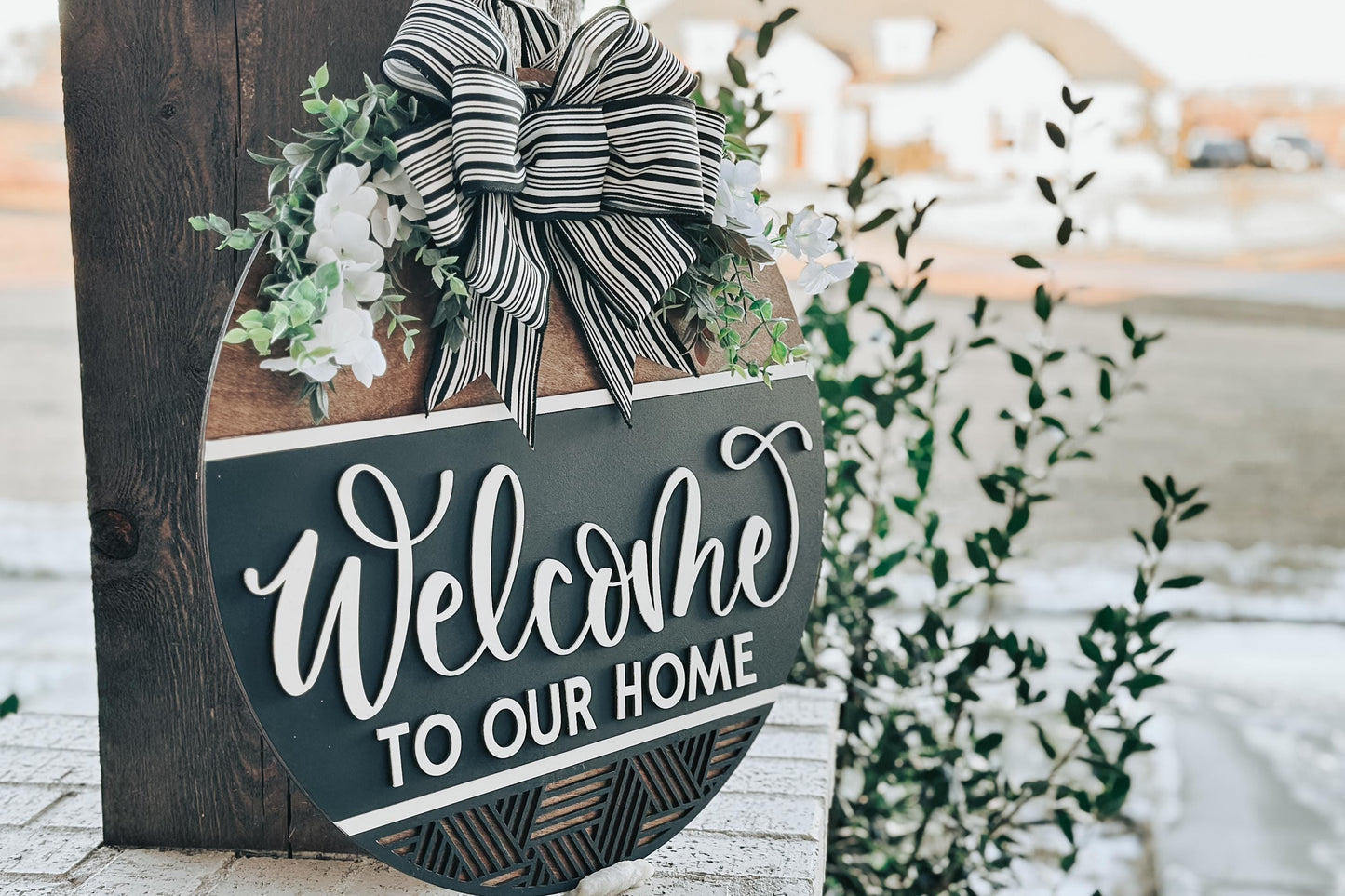 Welcome to Our Home Door Hanger SVG – Round Layered Laser Cut File for DIY Home Decor, Farmhouse Sign Template, Geometric Door Hanger svg