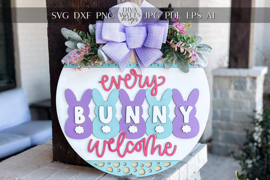 Every Bunny Welcome Door Hanger SVG, Easter Bunny Laser Cut File, Spring Layered Wood Sign Design, Glowforge SVG, Bunny Decor