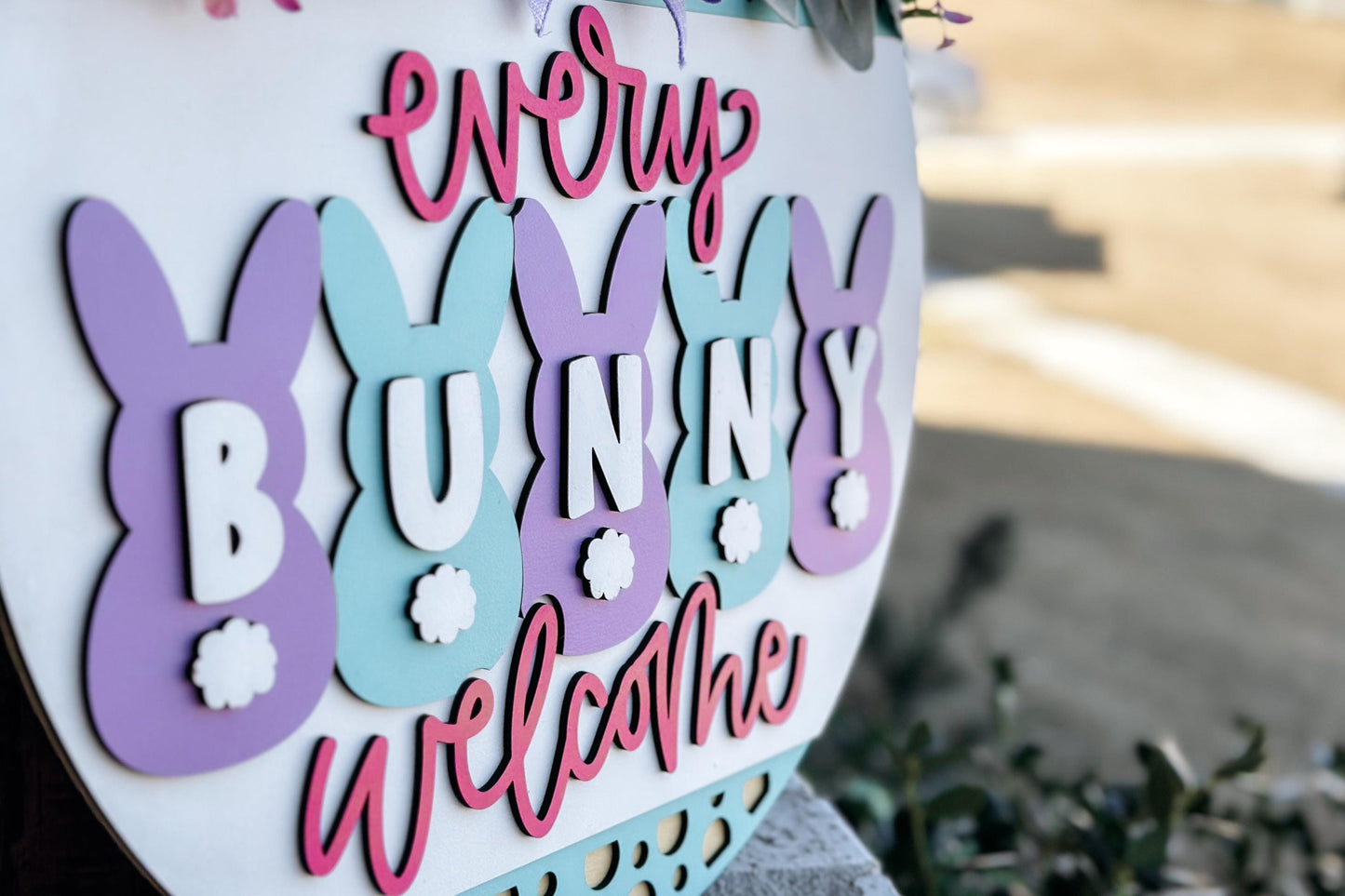 Every Bunny Welcome Door Hanger SVG, Easter Bunny Laser Cut File, Spring Layered Wood Sign Design, Glowforge SVG, Bunny Decor