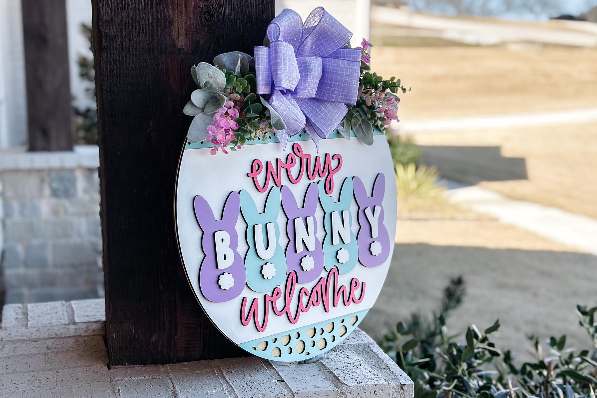 Every Bunny Welcome Door Hanger SVG, Easter Bunny Laser Cut File, Spring Layered Wood Sign Design, Glowforge SVG, Bunny Decor