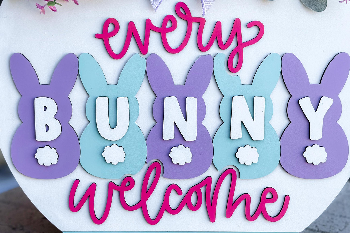 Every Bunny Welcome Door Hanger SVG, Easter Bunny Laser Cut File, Spring Layered Wood Sign Design, Glowforge SVG, Bunny Decor