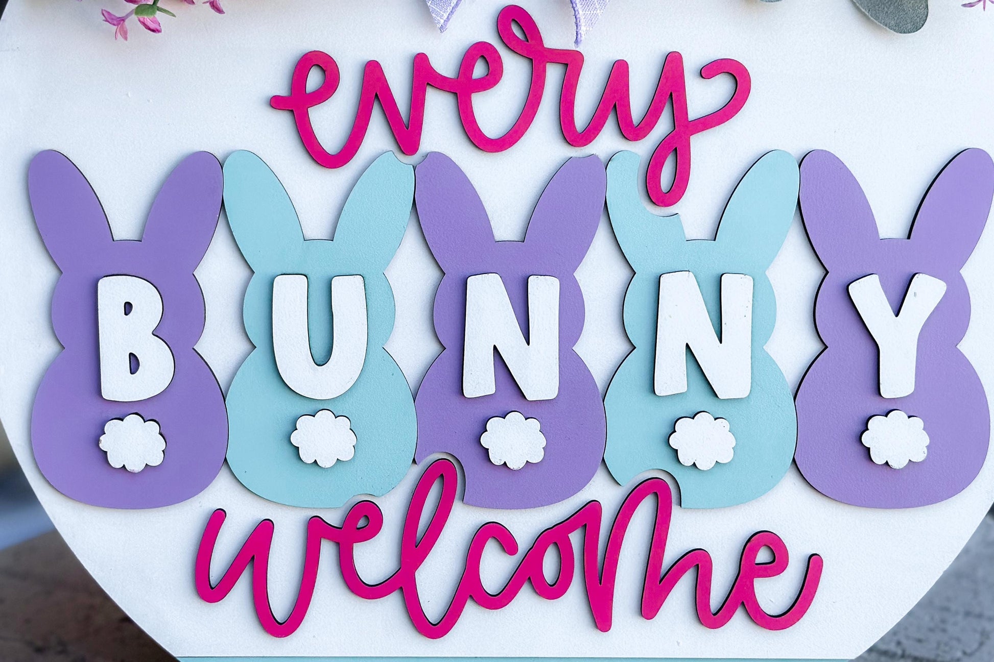Every Bunny Welcome Door Hanger SVG, Easter Bunny Laser Cut File, Spring Layered Wood Sign Design, Glowforge SVG, Bunny Decor