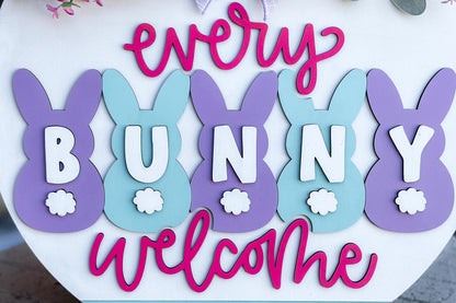 Every Bunny Welcome Door Hanger SVG, Easter Bunny Laser Cut File, Spring Layered Wood Sign Design, Glowforge SVG, Bunny Decor