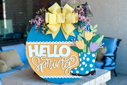 Hello Spring Door Hanger SVG, Tulip Boot Laser Cut File, Layered Spring Sign Design, Glowforge SVG, Floral Welcome Decor