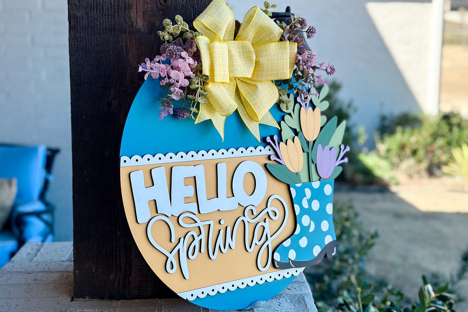 Hello Spring Door Hanger SVG, Tulip Boot Laser Cut File, Layered Spring Sign Design, Glowforge SVG, Floral Welcome Decor