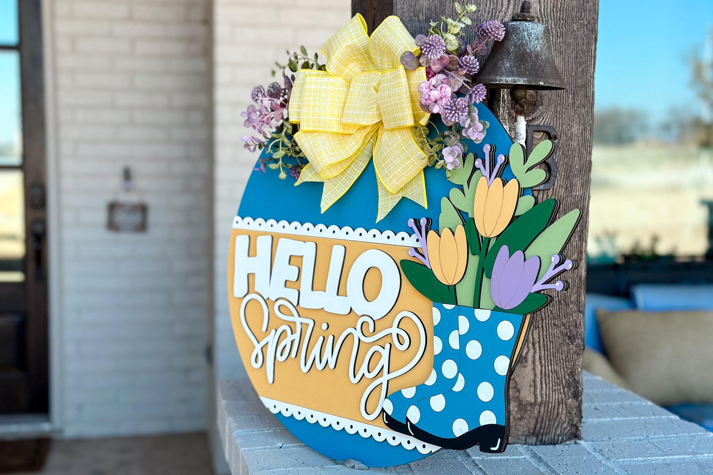 Hello Spring Door Hanger SVG, Tulip Boot Laser Cut File, Layered Spring Sign Design, Glowforge SVG, Floral Welcome Decor