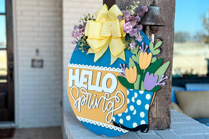 Hello Spring Door Hanger SVG, Tulip Boot Laser Cut File, Layered Spring Sign Design, Glowforge SVG, Floral Welcome Decor