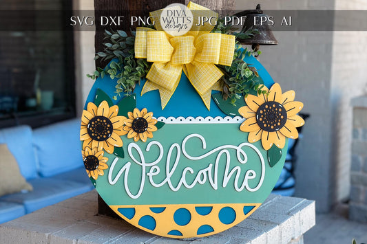 Welcome Door Hanger SVG, Geometric Laser Cut File, Round Door Sign Design, Glowforge SVG, Xtool, Farmhouse Welcome Decor