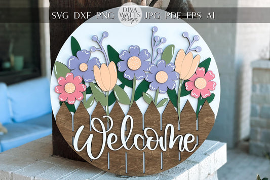 Hello Spring Door Hanger SVG, Floral Chick Laser Cut File, Round Sign Design, Glowforge SVG, Xtool, Farmhouse Spring Decor