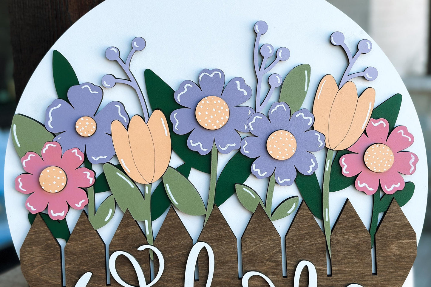 Hello Spring Door Hanger SVG, Floral Chick Laser Cut File, Round Sign Design, Glowforge SVG, Xtool, Farmhouse Spring Decor