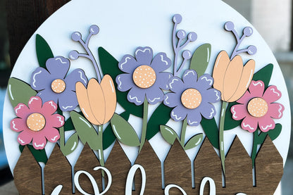 Hello Spring Door Hanger SVG, Floral Chick Laser Cut File, Round Sign Design, Glowforge SVG, Xtool, Farmhouse Spring Decor