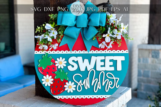 Sweet Summer Strawberry Door Hanger SVG Laser Cut File, Layered Round Sign SVG, Summer Glowforge Laser File, Door Hanger SVG, Strawberry svg