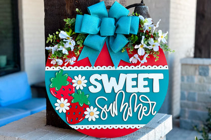 Sweet Summer Strawberry Door Hanger SVG Laser Cut File, Layered Round Sign SVG, Summer Glowforge Laser File, Door Hanger SVG, Strawberry svg