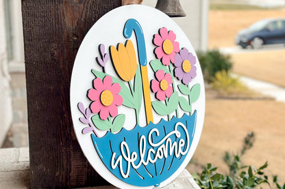 Welcome Spring Umbrella Door Hanger Laser Cut File SVG | Layered Floral Design | Glowforge Xtool File | Spring Decor SVG