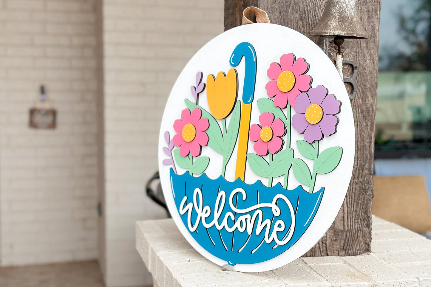 Welcome Spring Umbrella Door Hanger Laser Cut File SVG | Layered Floral Design | Glowforge Xtool File | Spring Decor SVG