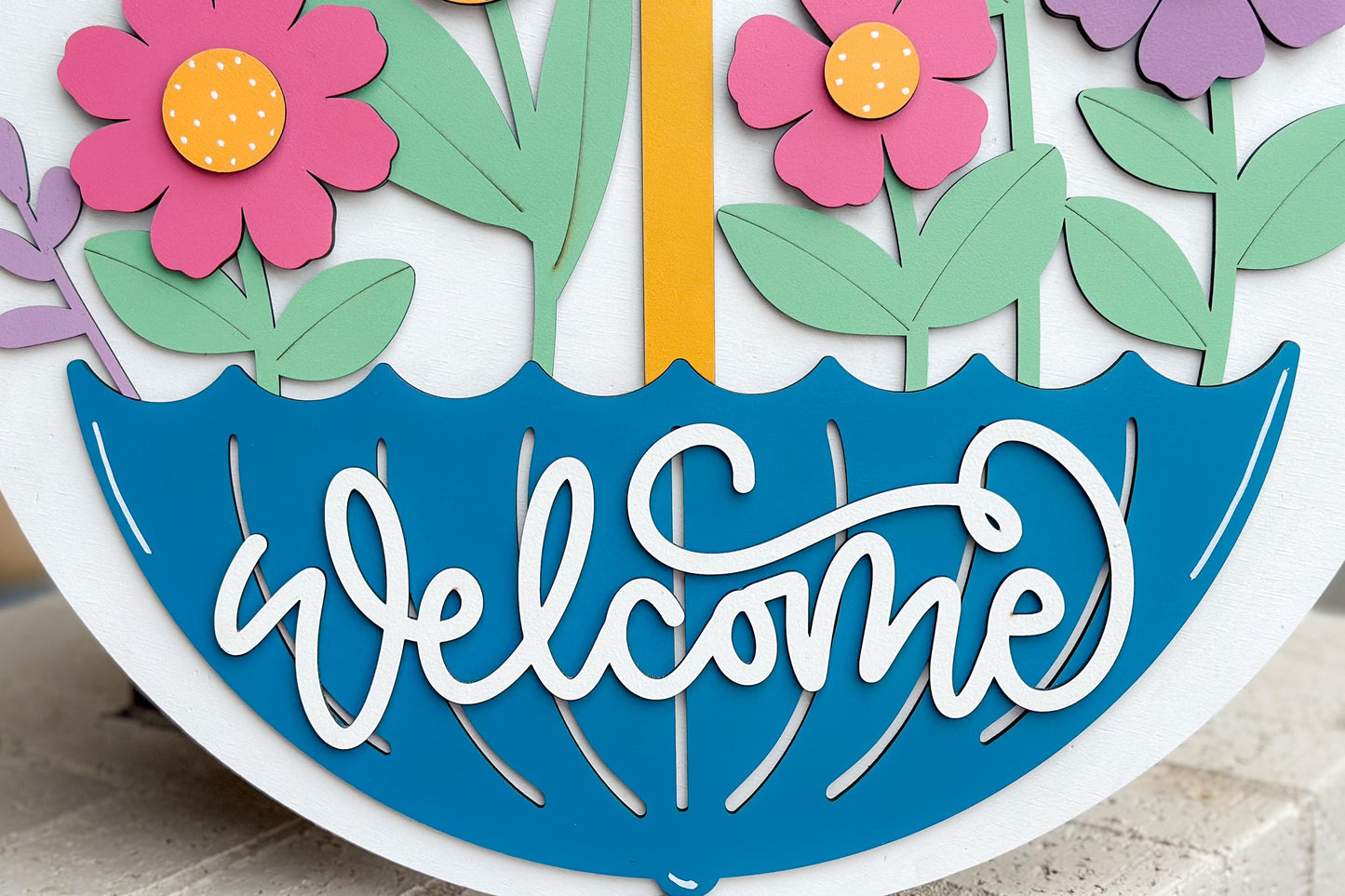 Welcome Spring Umbrella Door Hanger Laser Cut File SVG | Layered Floral Design | Glowforge Xtool File | Spring Decor SVG