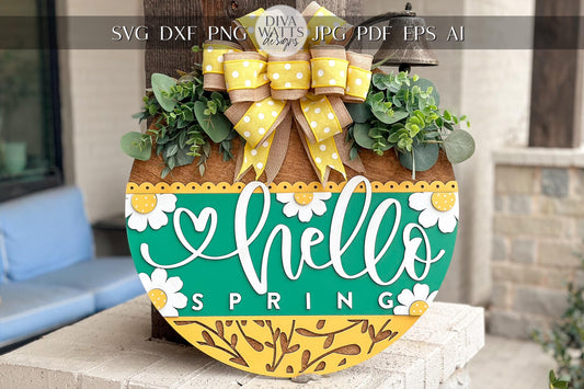 Hello Spring Door Hanger Laser Cut File SVG | Layered Floral Spring Sign | Glowforge Xtool File | Farmhouse Seasonal Decor | Spring Porch