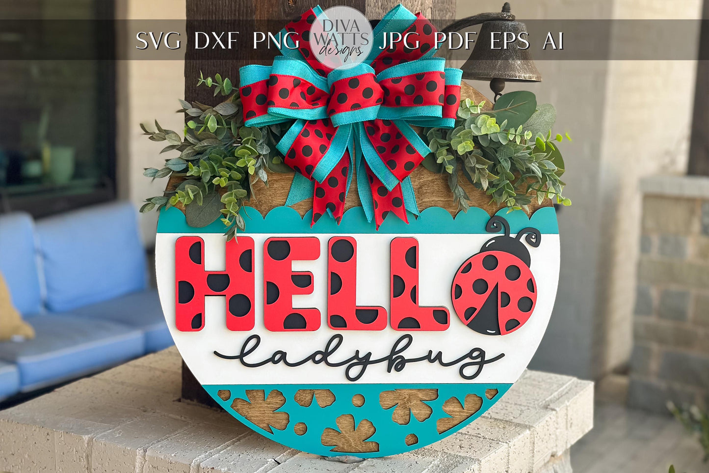Hello Ladybug Door Hanger SVG File, Summer Laser Cut Design, Ladybug Layered Sign SVG, Glowforge Ready, Laser Cut Template