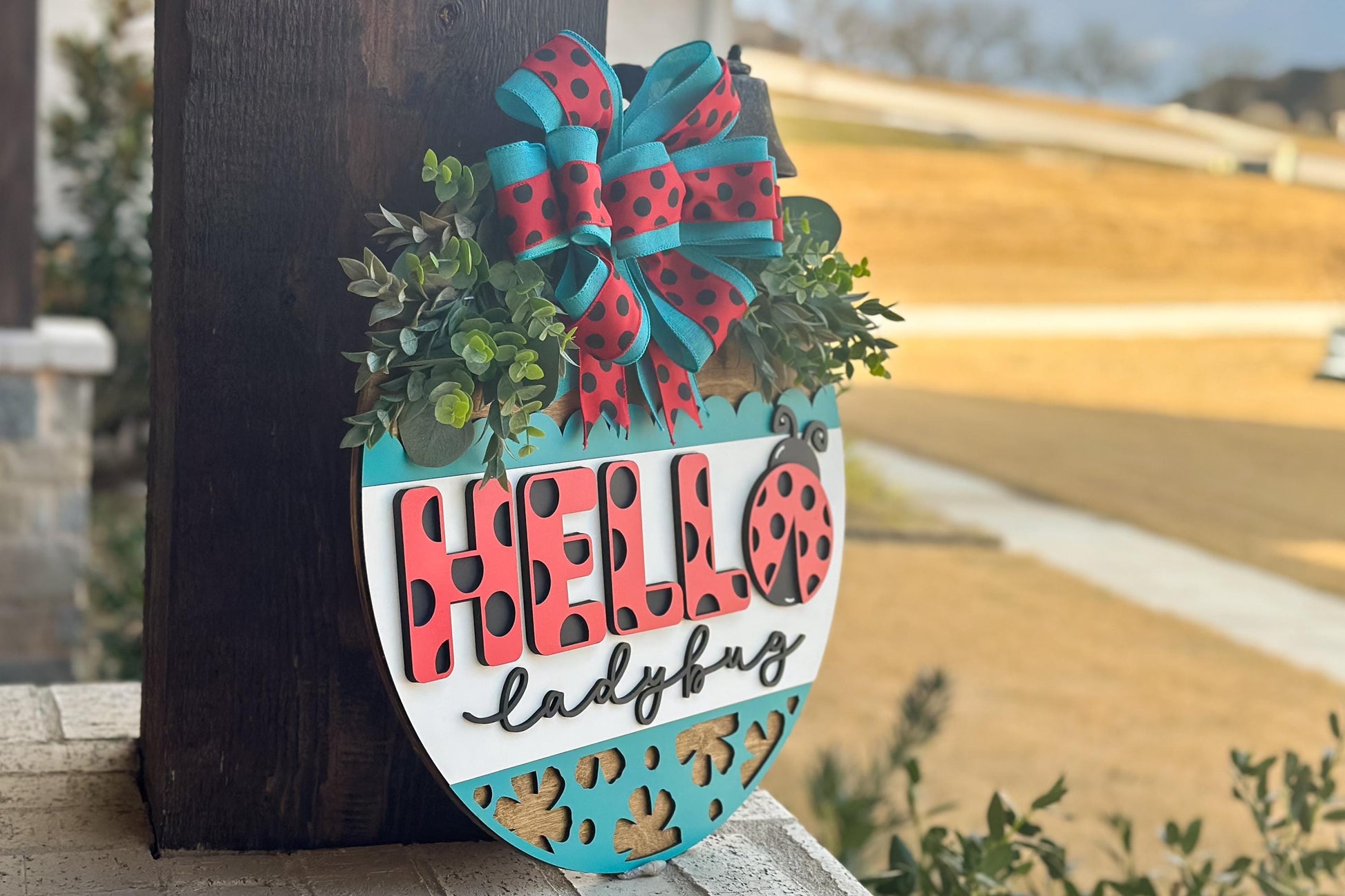 Hello Ladybug Door Hanger SVG File, Summer Laser Cut Design, Ladybug Layered Sign SVG, Glowforge Ready, Laser Cut Template