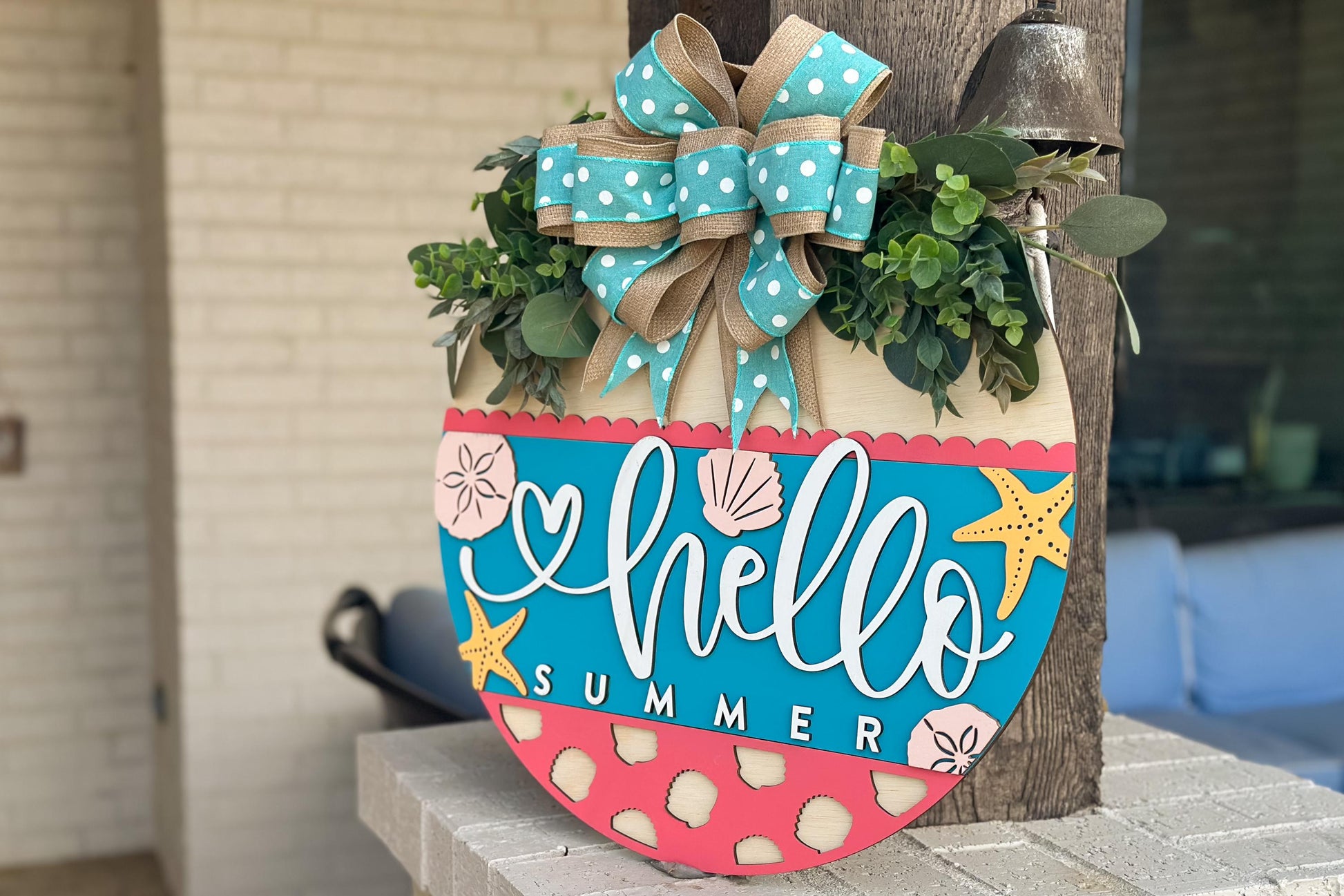 Hello Summer Door Hanger SVG File, Beach Theme Laser Cut Design, Starfish and Shells Layered Sign, Glowforge Ready, Coastal Beach Decor