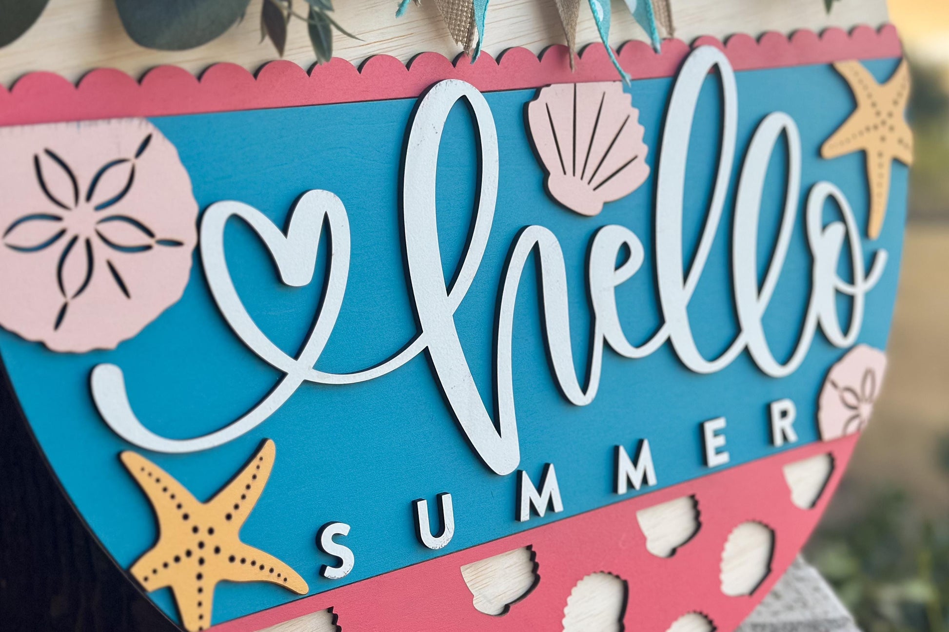 Hello Summer Door Hanger SVG File, Beach Theme Laser Cut Design, Starfish and Shells Layered Sign, Glowforge Ready, Coastal Beach Decor