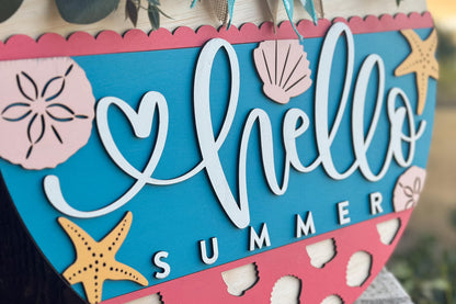 Hello Summer Door Hanger SVG File, Beach Theme Laser Cut Design, Starfish and Shells Layered Sign, Glowforge Ready, Coastal Beach Decor
