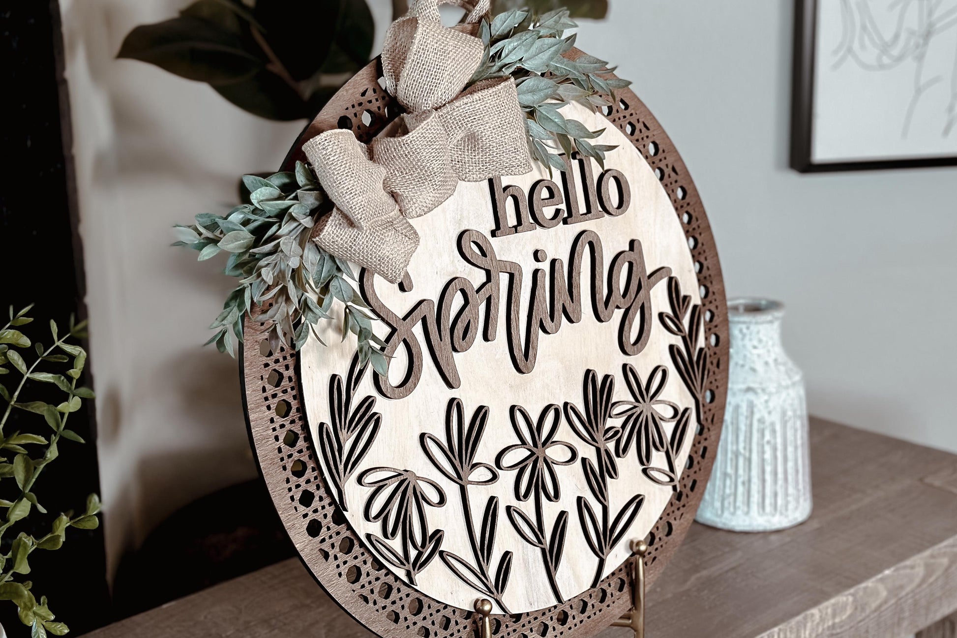 Hello Spring Laser Cut File SVG | Floral Door Hanger Design | Layered Laser SVG for Glowforge and Xtool | Round Spring Door Sign