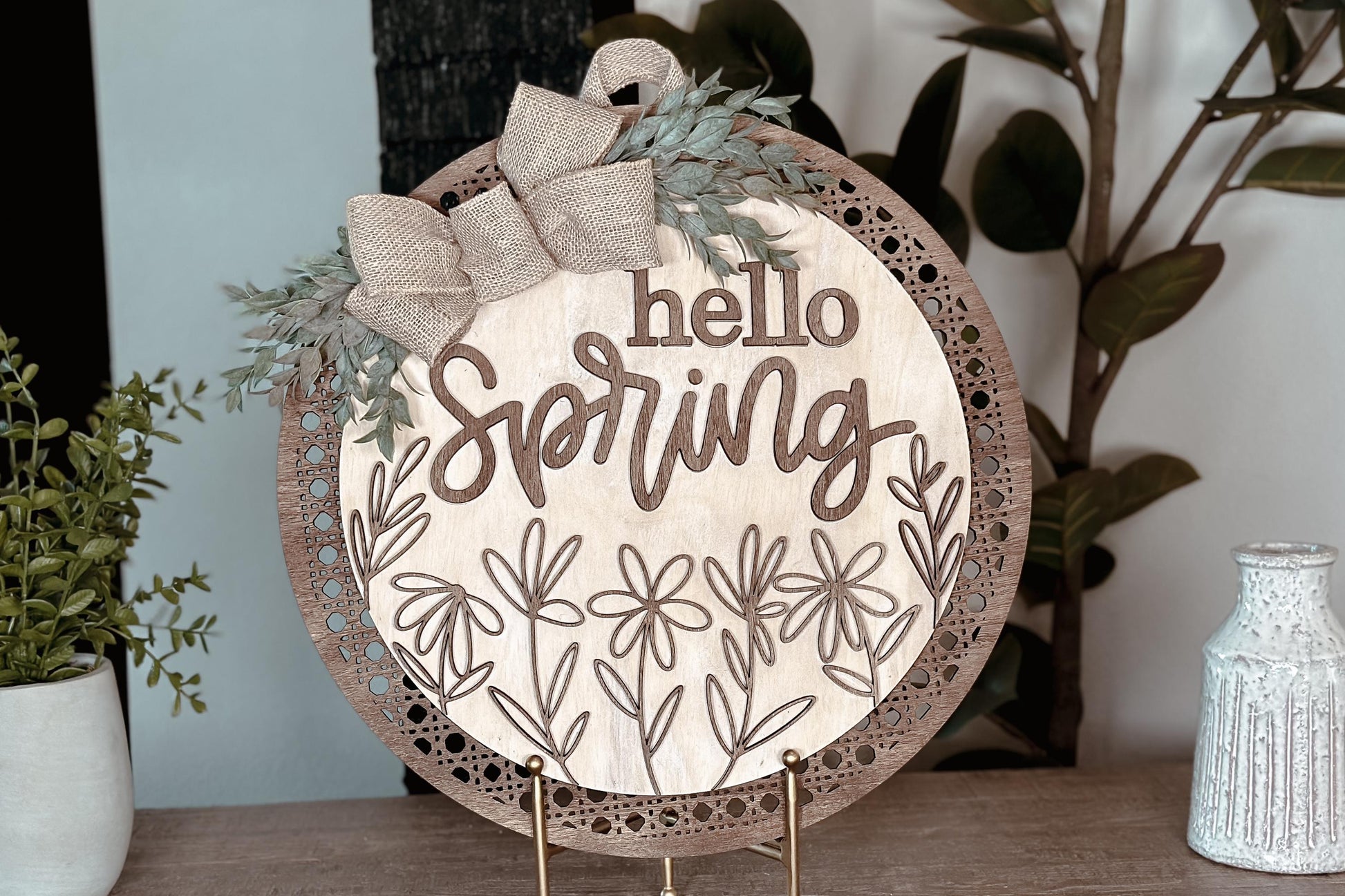 Hello Spring Laser Cut File SVG | Floral Door Hanger Design | Layered Laser SVG for Glowforge and Xtool | Round Spring Door Sign