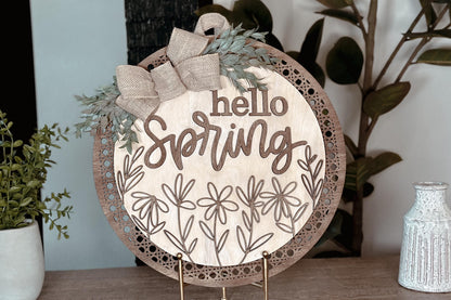 Hello Spring Laser Cut File SVG | Floral Door Hanger Design | Layered Laser SVG for Glowforge and Xtool | Round Spring Door Sign