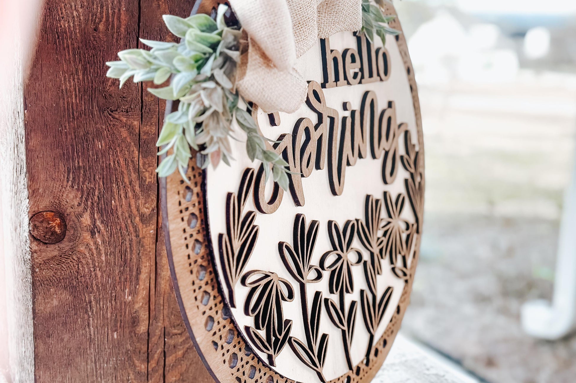 Hello Spring Laser Cut File SVG | Floral Door Hanger Design | Layered Laser SVG for Glowforge and Xtool | Round Spring Door Sign