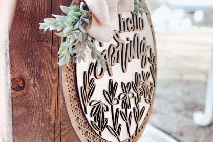 Hello Spring Laser Cut File SVG | Floral Door Hanger Design | Layered Laser SVG for Glowforge and Xtool | Round Spring Door Sign