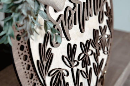 Hello Spring Laser Cut File SVG | Floral Door Hanger Design | Layered Laser SVG for Glowforge and Xtool | Round Spring Door Sign