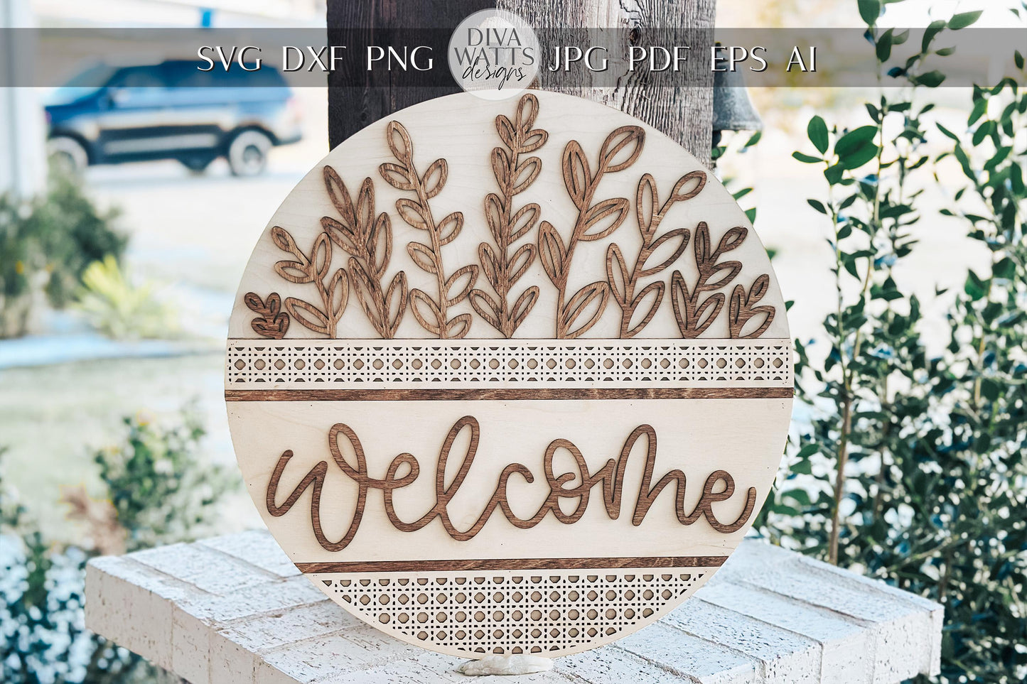 Welcome Sign Laser Cut File SVG | Layered Floral Door Hanger Design | Rustic Round Wood Sign for Glowforge & Xtool | Rattan Welcome Sign svg