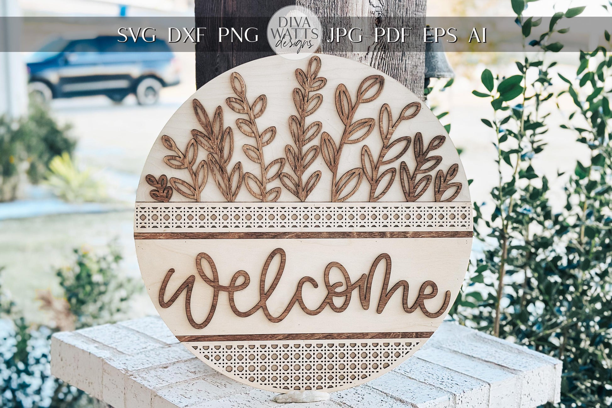 Welcome Sign Laser Cut File SVG | Layered Floral Door Hanger Design | Rustic Round Wood Sign for Glowforge & Xtool | Rattan Welcome Sign svg