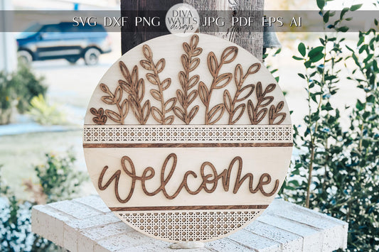 Welcome Sign Laser Cut File SVG | Layered Floral Door Hanger Design | Rustic Round Wood Sign for Glowforge & Xtool | Rattan Welcome Sign svg
